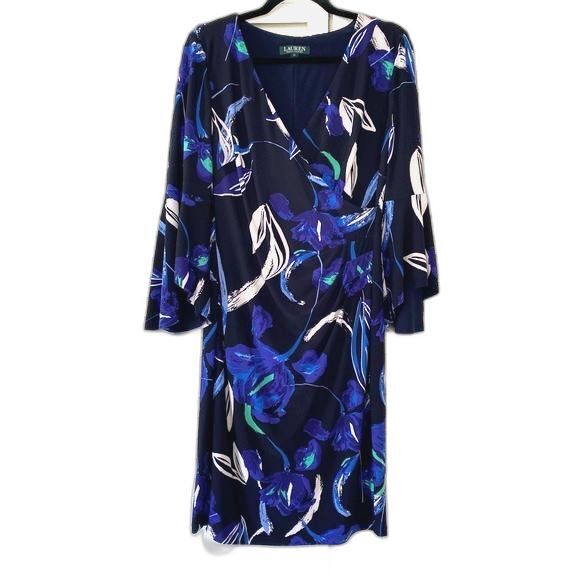 Lauren Ralph Lauren size 10 Blue Abstract Floral Bell Sleeve Faux Wrap Dress - Picture 11 of 14